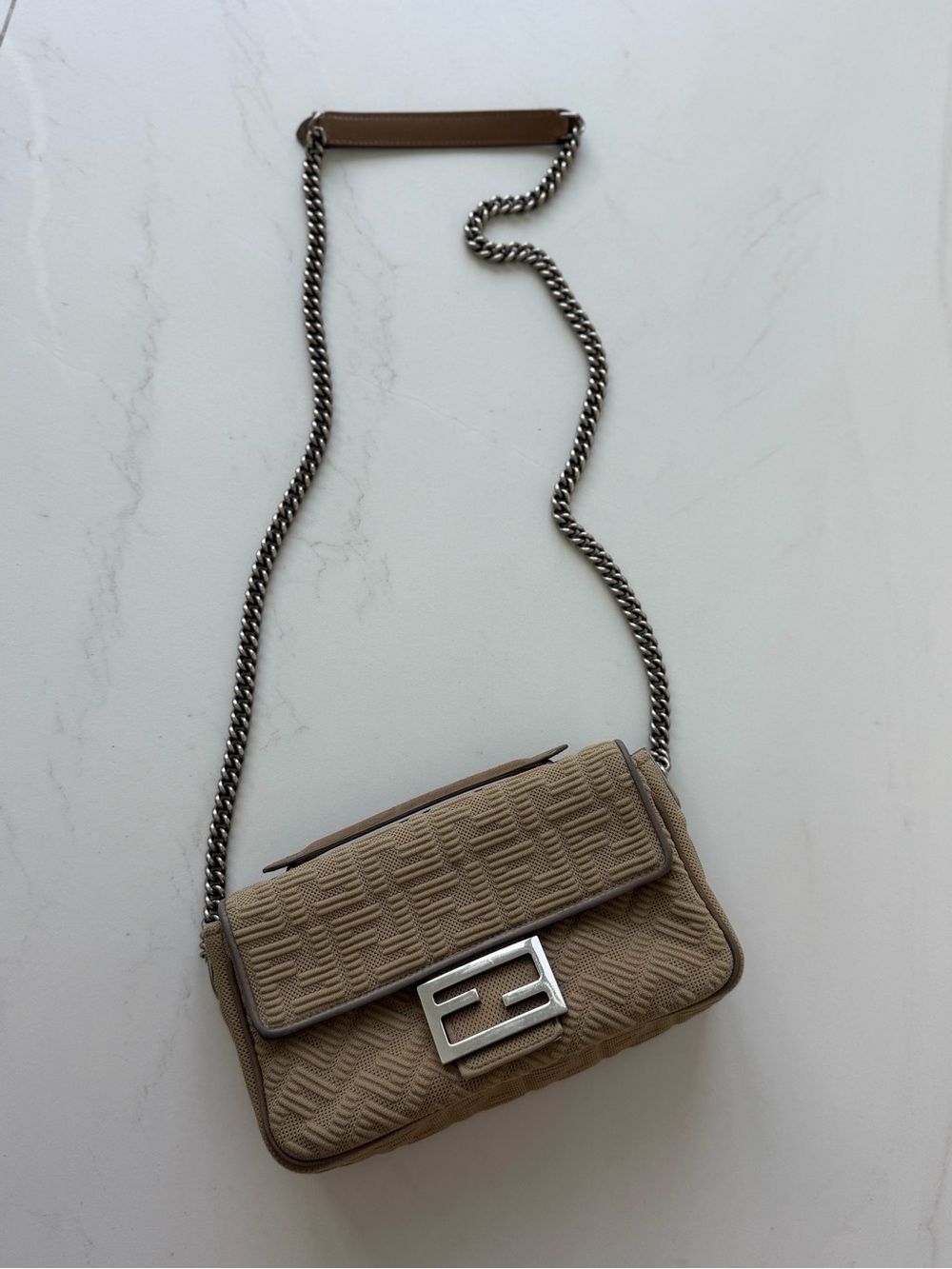 Fendi Beige Quilted FF Mini Baguette Crossbody with Silver Chain